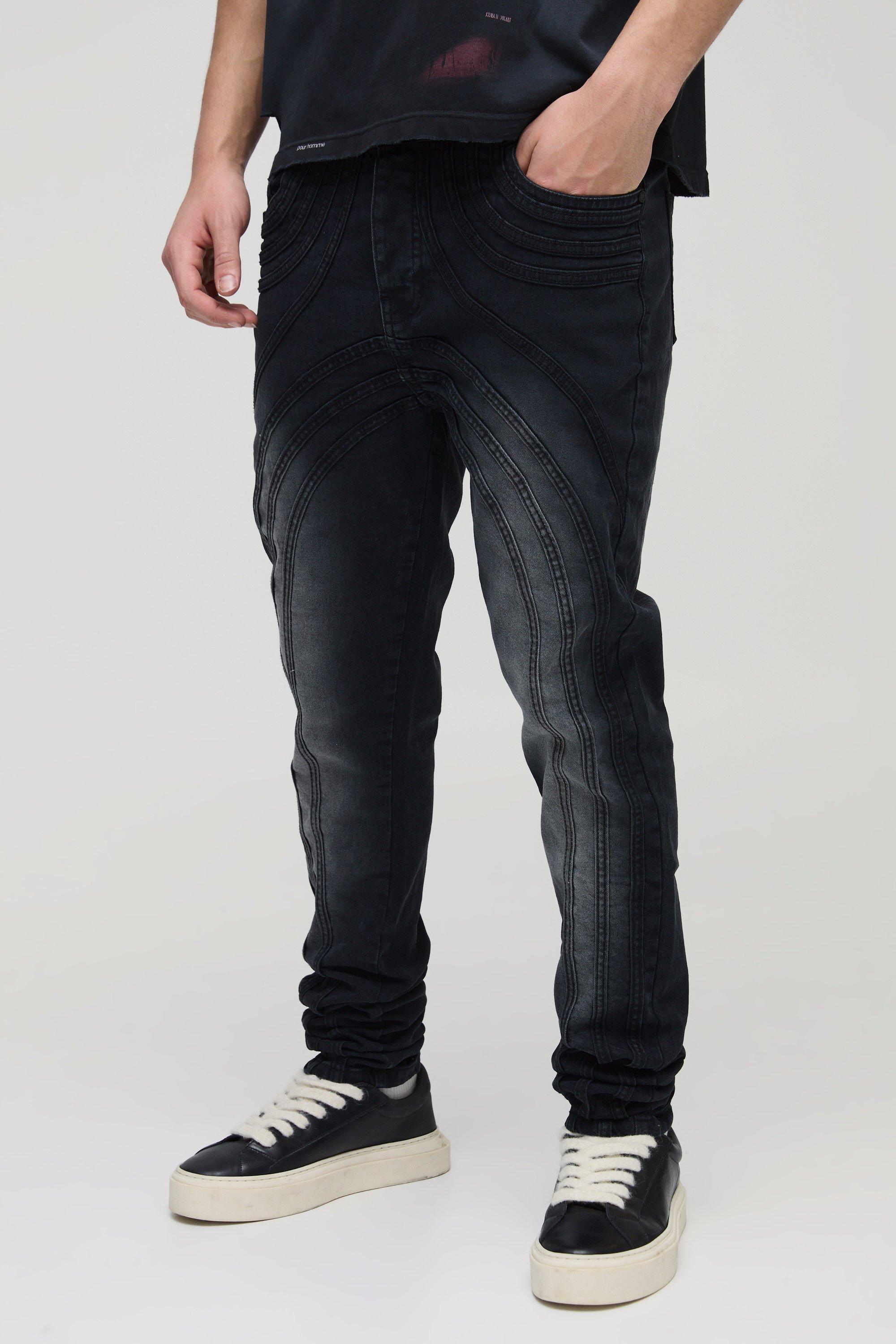 Mens Black Skinny Stacked Washed Panelled Biker Jeans, Black